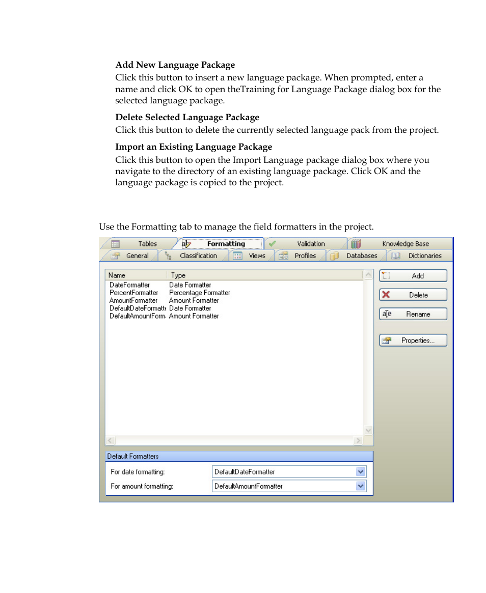 Project settings dialog box – formatting tab | Kofax Getting Started with Ascent Xtrata Pro User Manual | Page 368 / 623