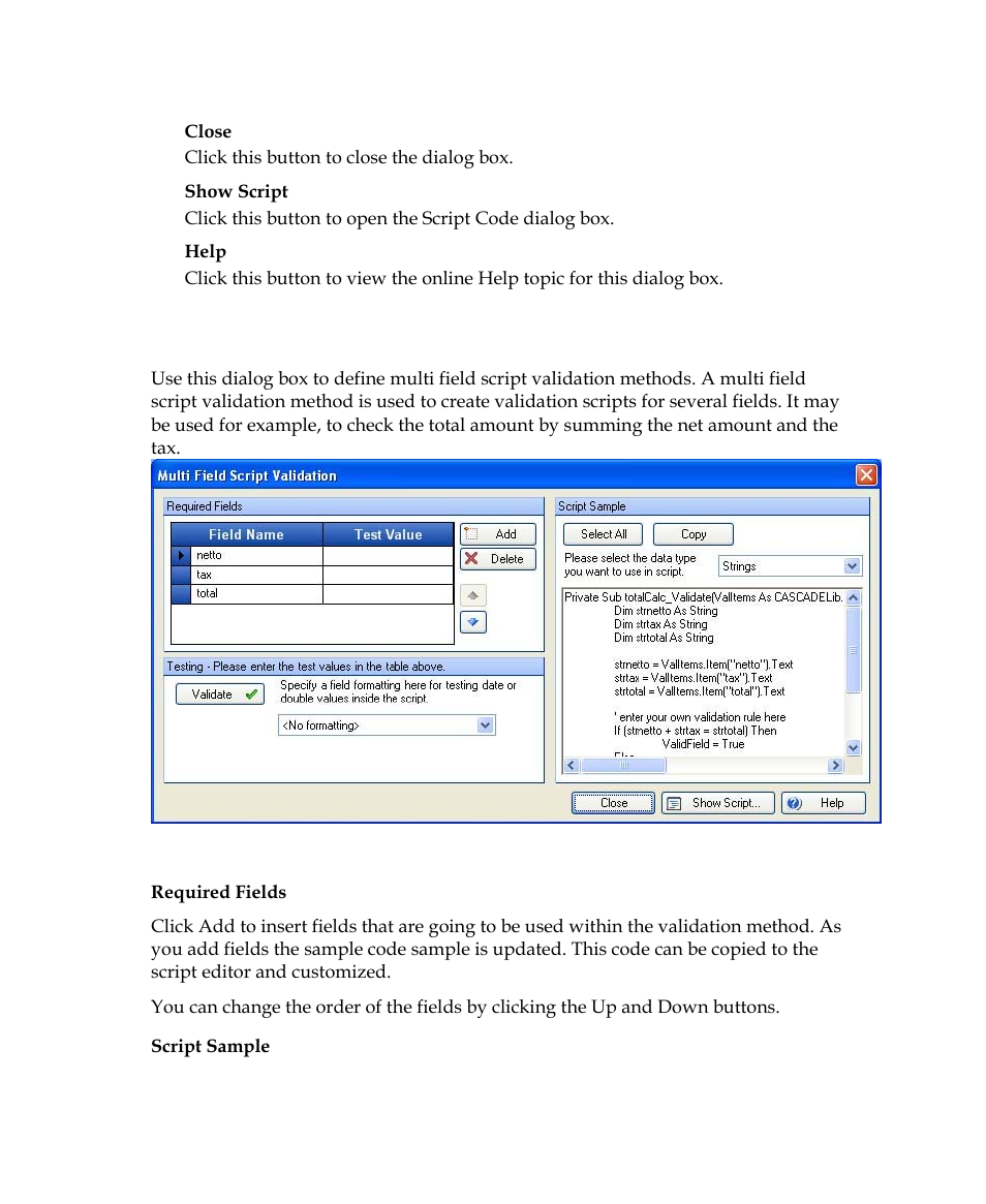 Multi field script validation dialog box, Use this validation method to validat | Kofax Getting Started with Ascent Xtrata Pro User Manual | Page 393 / 623