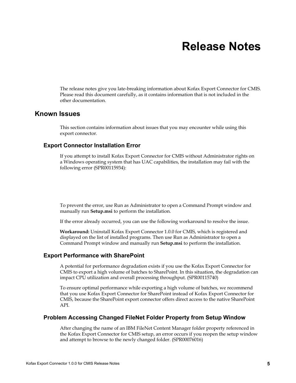 Release notes, Known issues, Export connector installation error | Export performance with sharepoint | Kofax Export Connector 1.0.0 User Manual | Page 5 / 6
