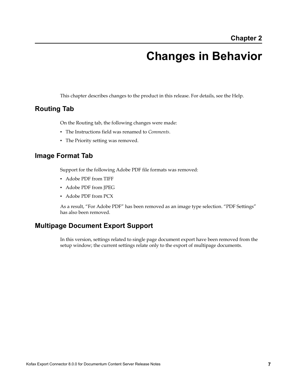 Changes in behavior, Routing tab, Image format tab | Kofax Export Connector 8.0.0 User Manual | Page 7 / 14