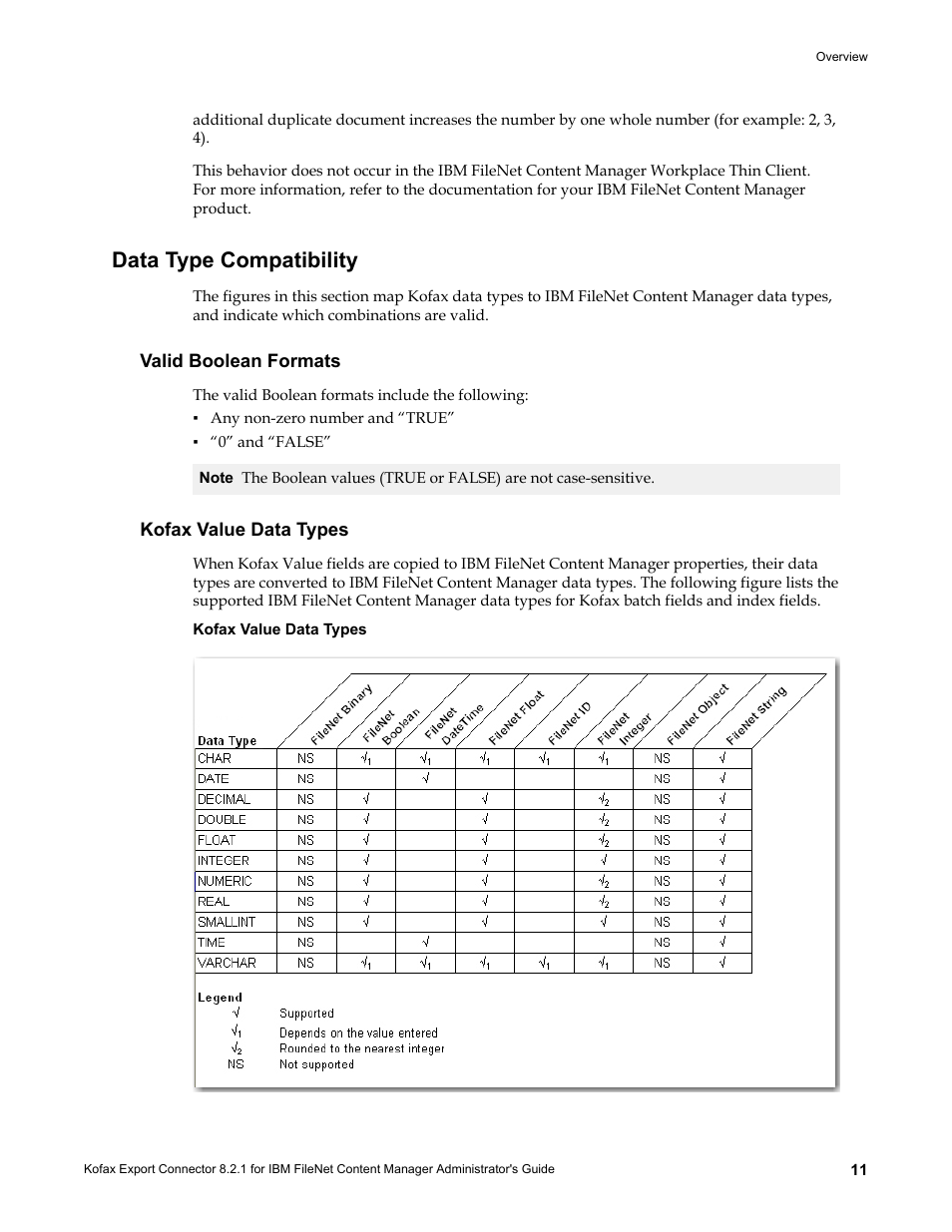 Data type compatibility, Valid boolean formats, Kofax value data types | Valid boolean formats kofax value data types | Kofax Export Connector 8.2.1 User Manual | Page 11 / 26