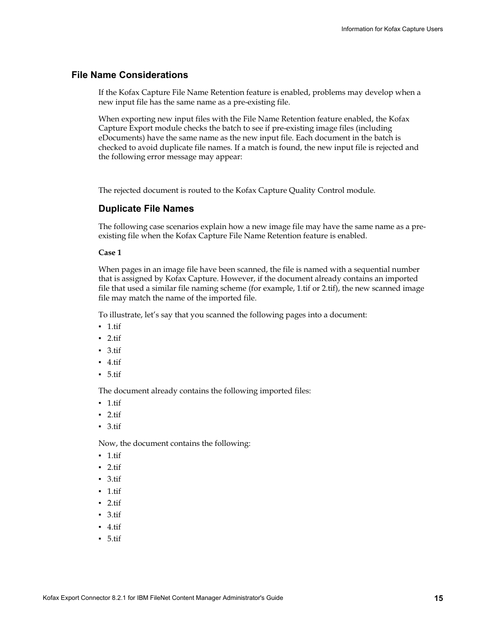File name considerations, Duplicate file names | Kofax Export Connector 8.2.1 User Manual | Page 15 / 26
