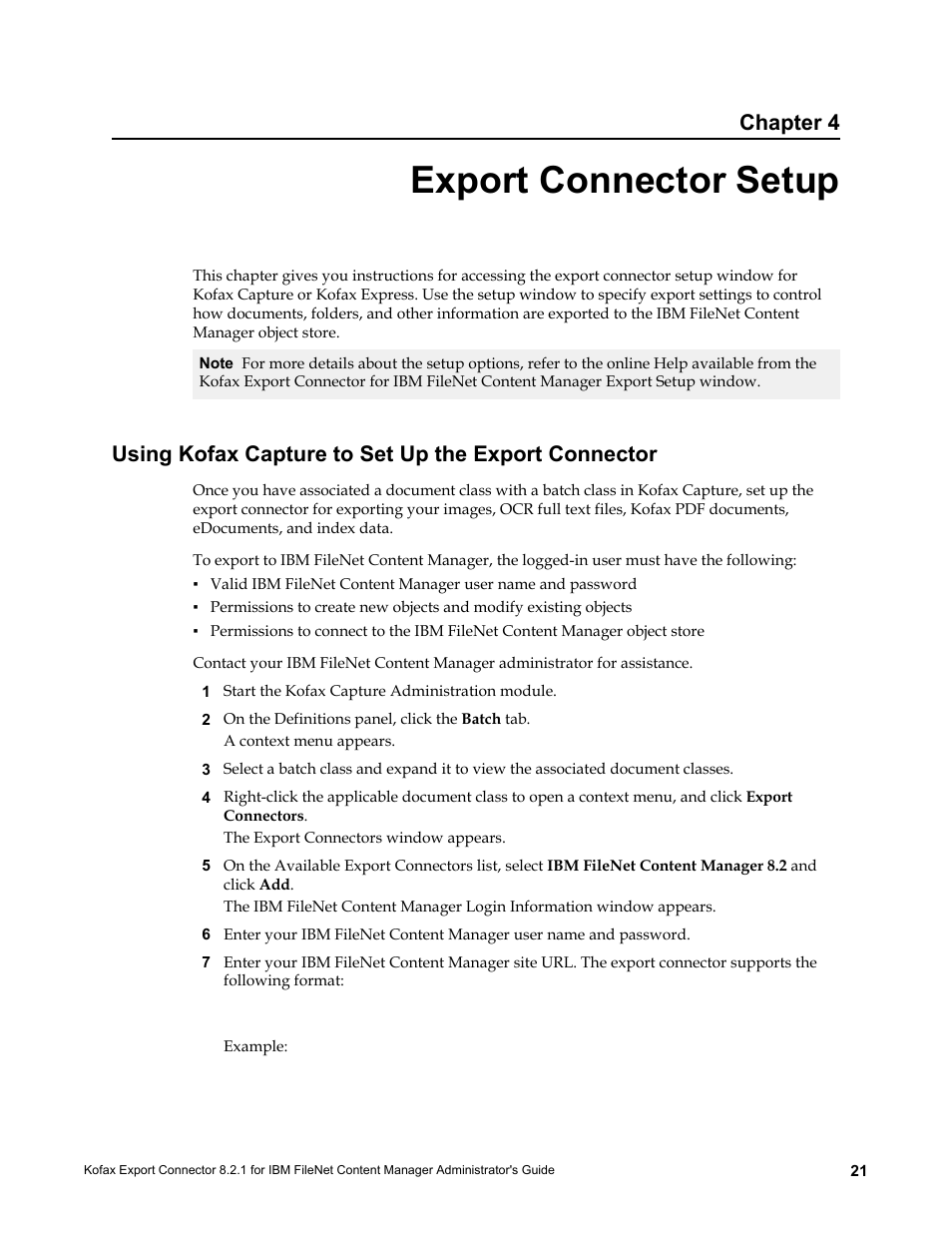 Export connector setup, Using kofax capture to set up the export connector, Chapter 4 | Kofax Export Connector 8.2.1 User Manual | Page 21 / 26