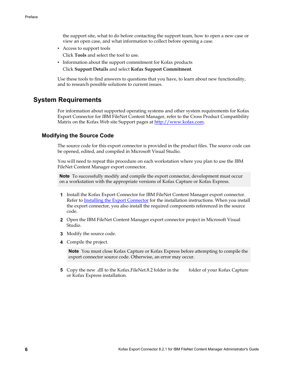 System requirements, Modifying the source code | Kofax Export Connector 8.2.1 User Manual | Page 6 / 26