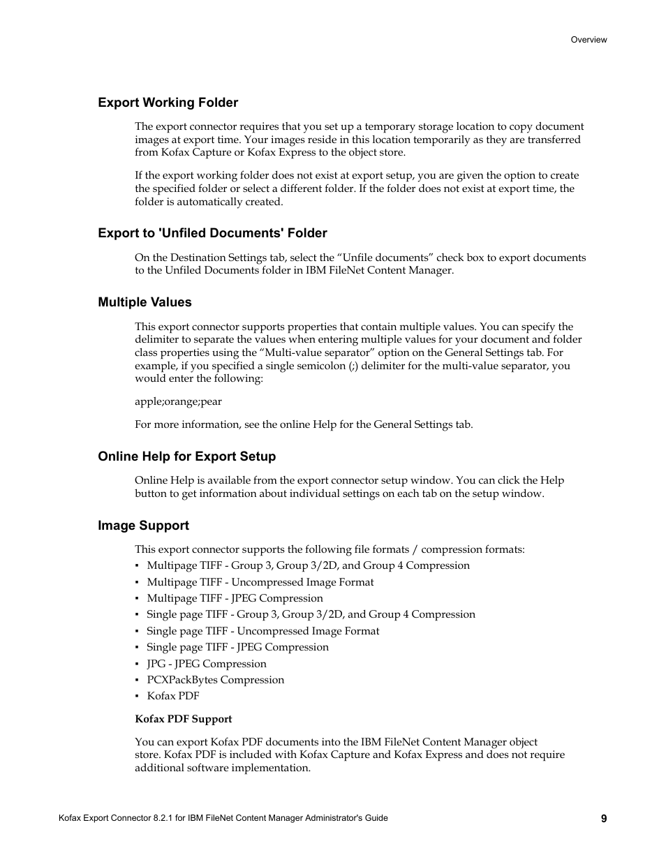 Export working folder, Export to 'unfiled documents' folder, Multiple values | Online help for export setup, Image support | Kofax Export Connector 8.2.1 User Manual | Page 9 / 26