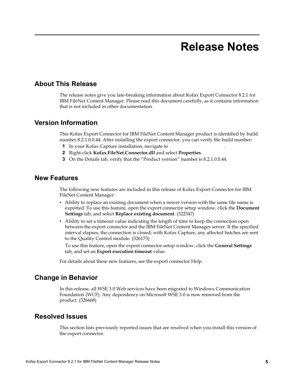 Release notes, About this release, Version information | New features, Change in behavior, Resolved issues | Kofax Export Connector 8.2.1 User Manual | Page 5 / 6