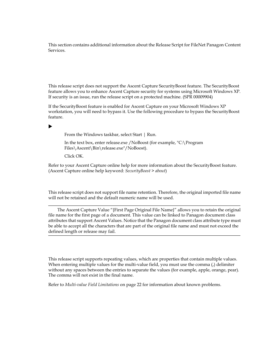 Additional information, Unsupported ascent capture features, Securityboost | File name retention, Multiple values, Securityboost file name retention | Kofax Capture Export Connector User Manual | Page 10 / 30