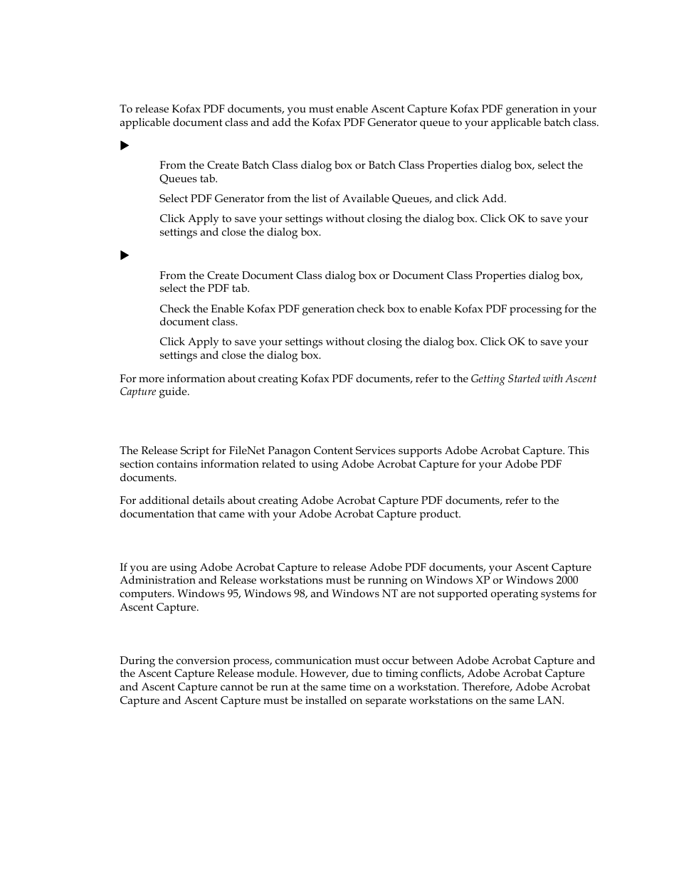 Adobe acrobat capture options, Operating system requirements for ascent capture, Kofax pdf options adobe acrobat capture options | Kofax Capture Export Connector User Manual | Page 12 / 30