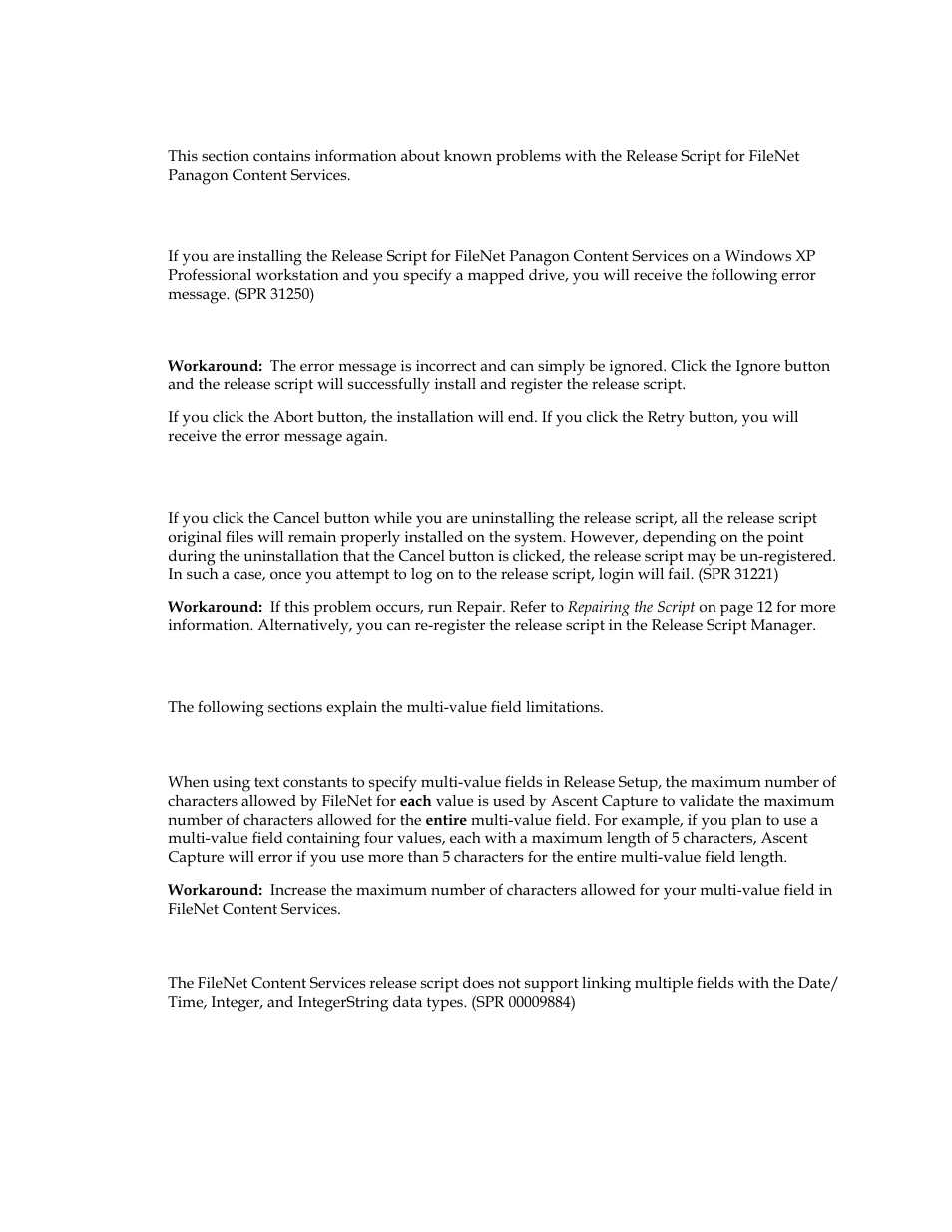 Known problems, Problems when installing on windows xp, Problems when uninstalling the release script | Multi-value field limitations, Using multi-value fields with text constants | Kofax Capture Export Connector User Manual | Page 26 / 30