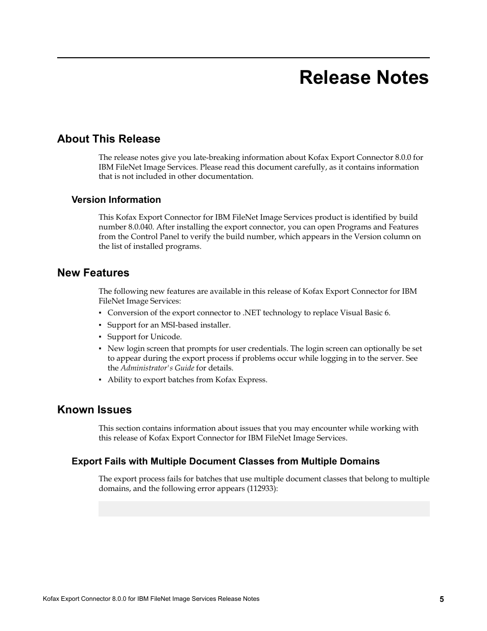 Release notes, About this release, Version information | New features, Known issues, New features known issues | Kofax Export Connector 8.0.0 User Manual | Page 5 / 8