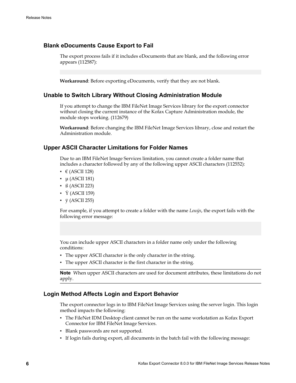 Blank edocuments cause export to fail, Upper ascii character limitations for folder names, Login method affects login and export behavior | Kofax Export Connector 8.0.0 User Manual | Page 6 / 8