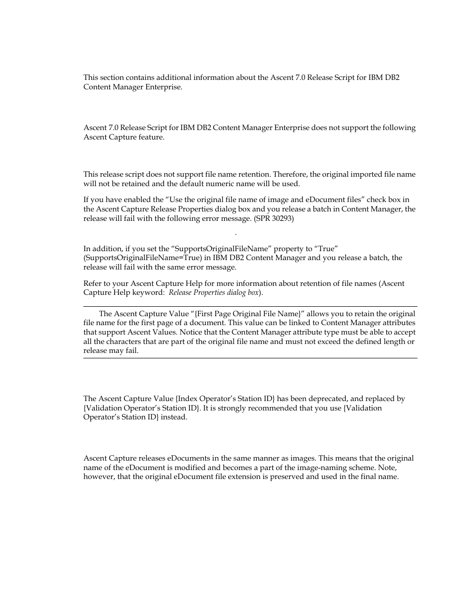 Additional information, Unsupported ascent capture features, File name retention | Index operator’s station id} ascent capture value, Edocument names not preserved at release | Kofax Ascen 7.0 Release Script User Manual | Page 14 / 48