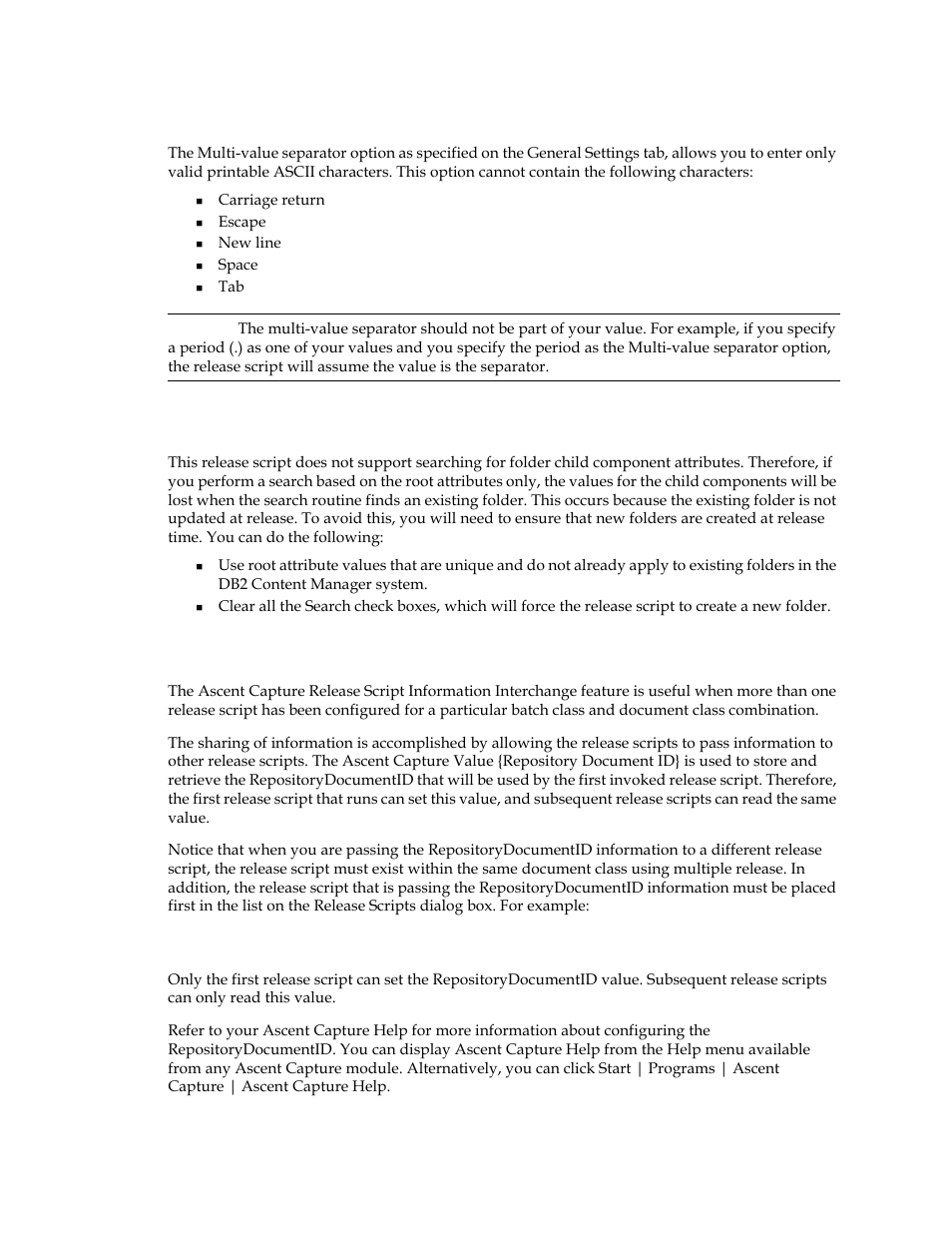 Multi-value separator option, Searching for folder child component attributes, Sharing data among release scripts | Kofax Ascen 7.0 Release Script User Manual | Page 16 / 48