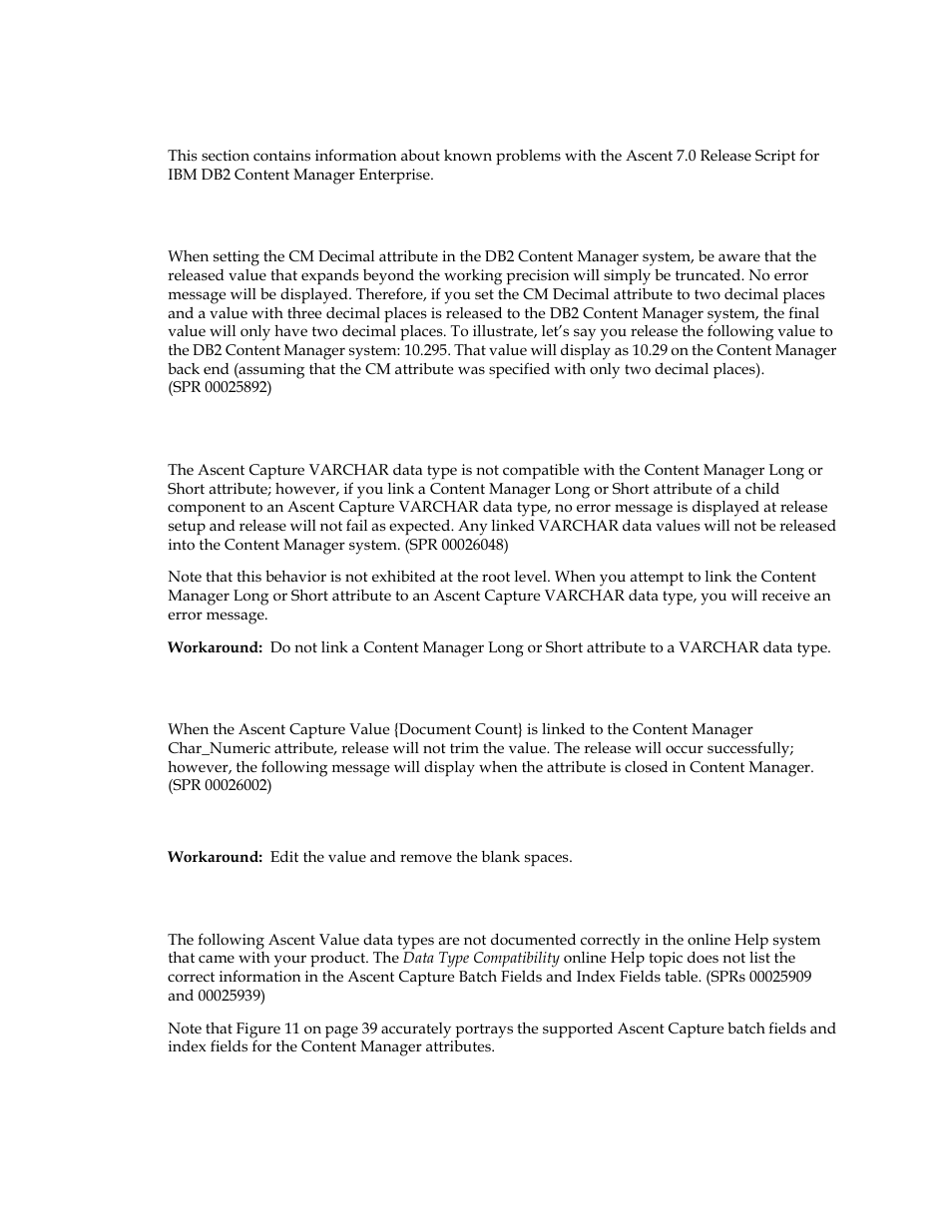 Known problems, Issues with cm decimal attribute, Ascent value {document count | Kofax Ascen 7.0 Release Script User Manual | Page 36 / 48