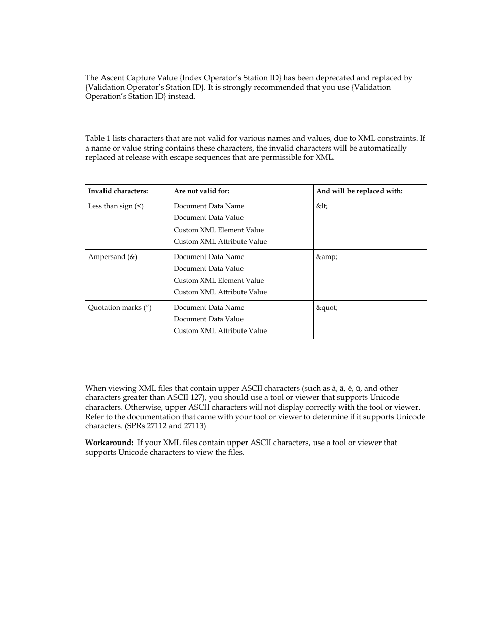 Index operator’s station id} ascent capture value, Invalid characters and escape sequences | Kofax Ascen 7.0 Release Script User Manual | Page 14 / 36