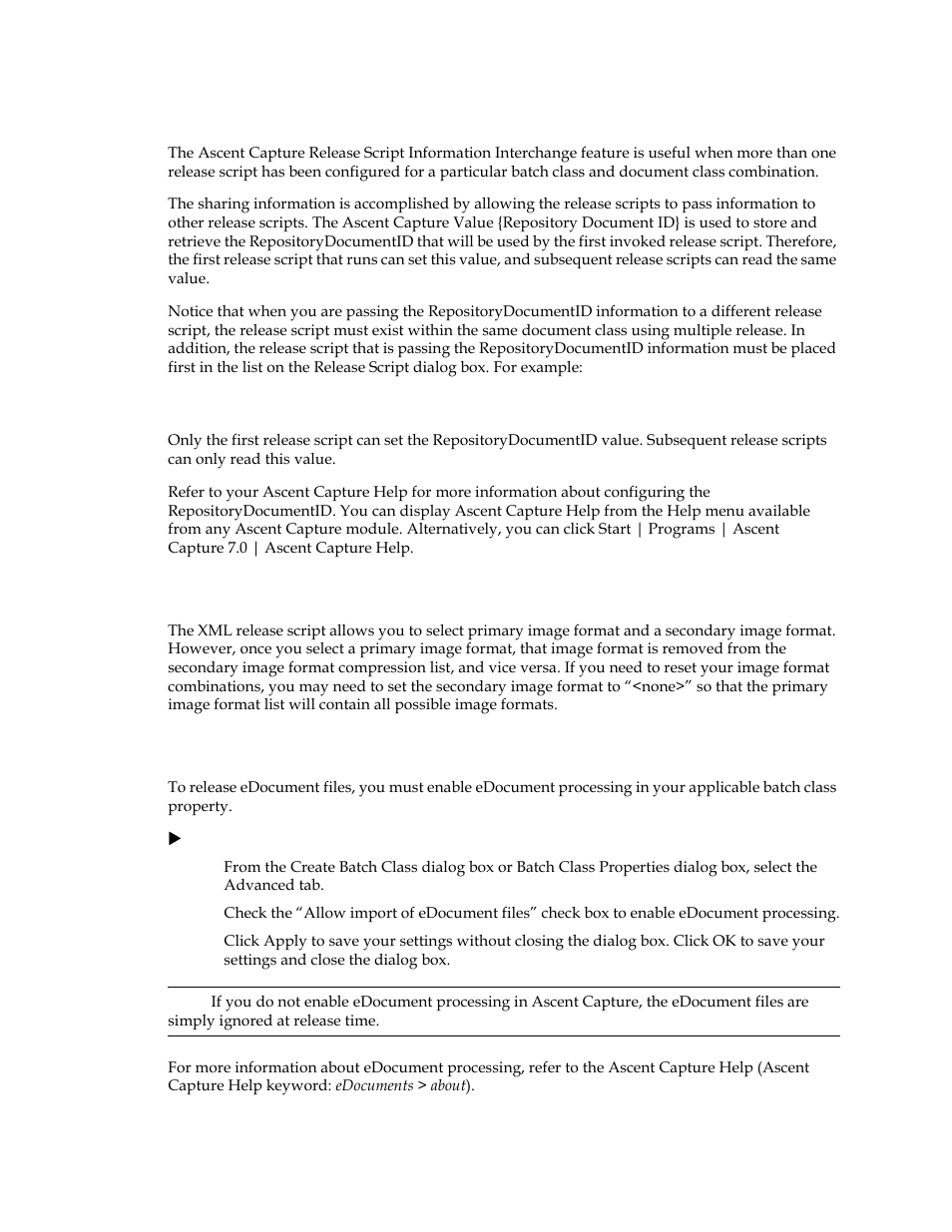 Sharing data among release scripts, Releasing image formats, Enable edocument processing | Kofax Ascen 7.0 Release Script User Manual | Page 15 / 36