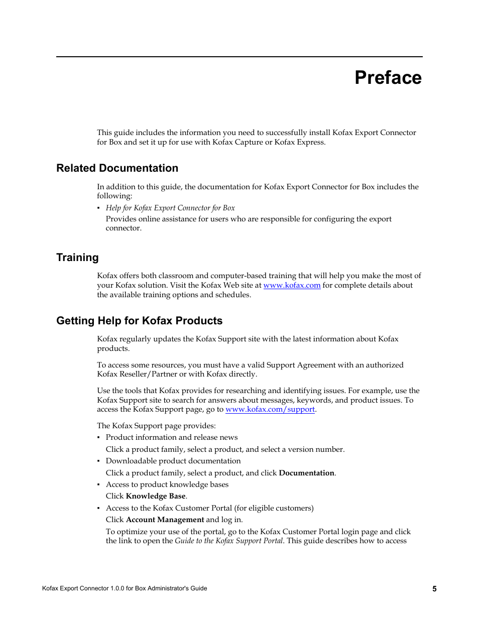 Preface, Related documentation, Training | Getting help for kofax products | Kofax Export Connector 1.0.0 User Manual | Page 5 / 10