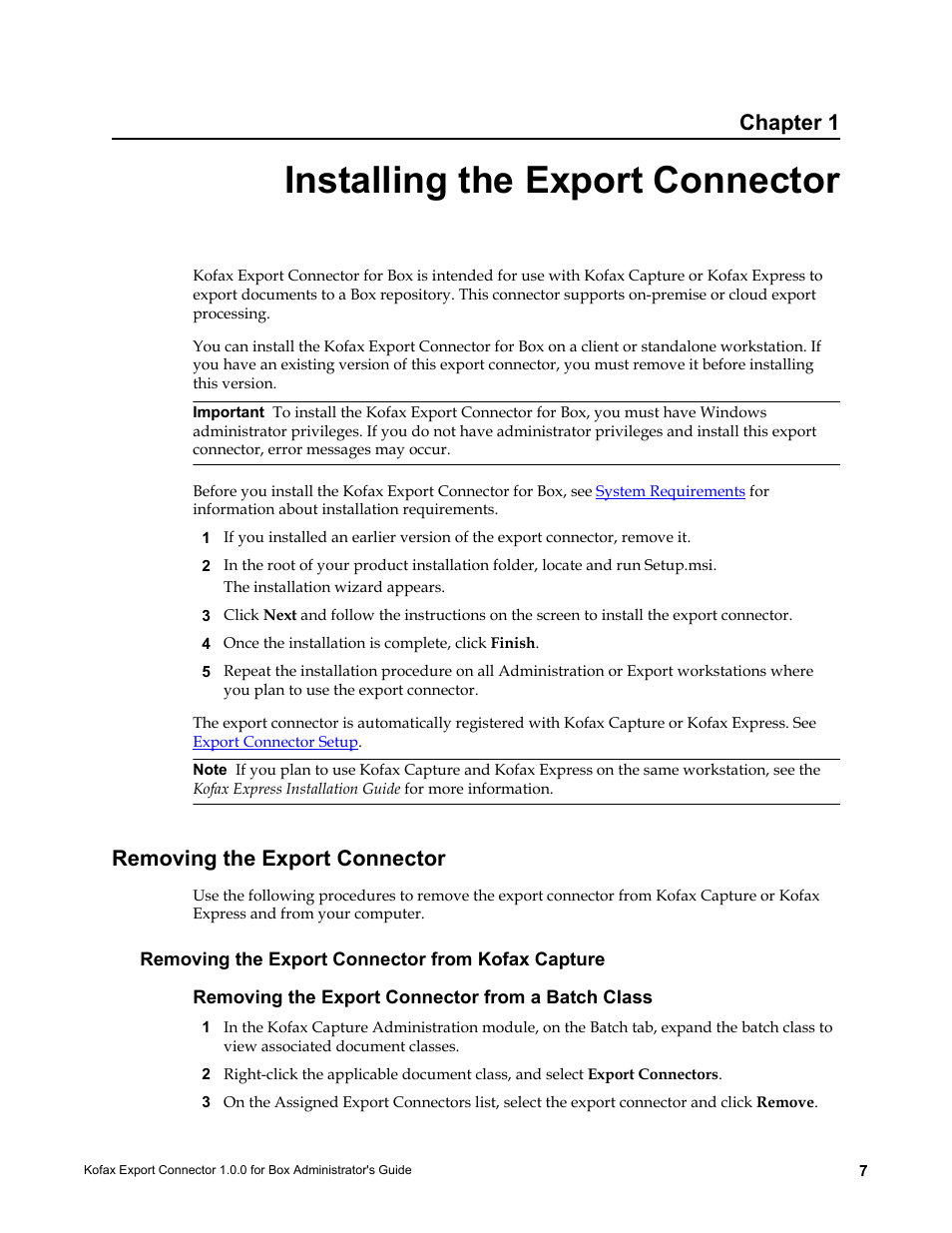 Installing the export connector, Removing the export connector, Removing the export connector from kofax capture | Removing the export connector from a batch class, Chapter 1 | Kofax Export Connector 1.0.0 User Manual | Page 7 / 10