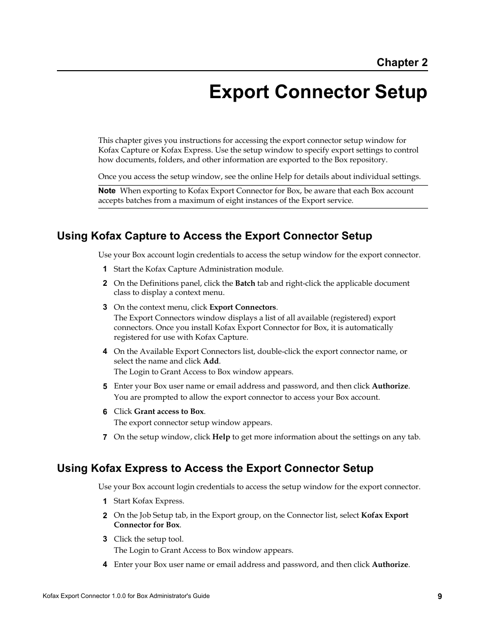 Export connector setup, Chapter 2 | Kofax Export Connector 1.0.0 User Manual | Page 9 / 10
