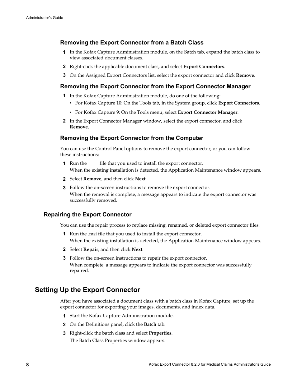Removing the export connector from a batch class, Removing the export connector from the computer, Repairing the export connector | Setting up the export connector | Kofax Export Connector 8.2.0 User Manual | Page 8 / 10