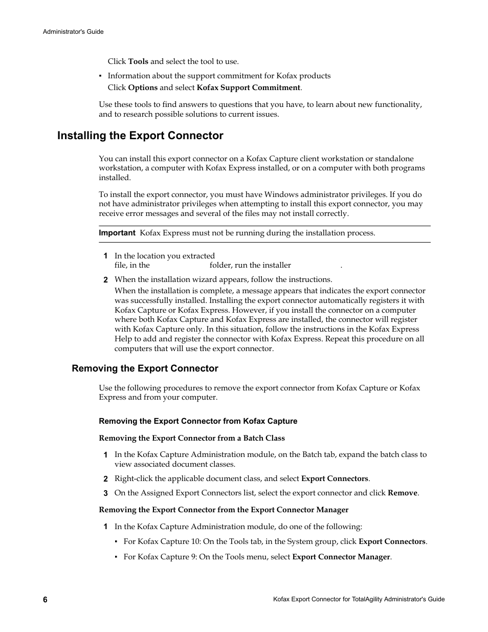 Installing the export connector, Removing the export connector, Removing the export connector from kofax capture | Removing the export connector from a batch class | Kofax Export Connector for TotalAgility 1.1.0 User Manual | Page 6 / 10