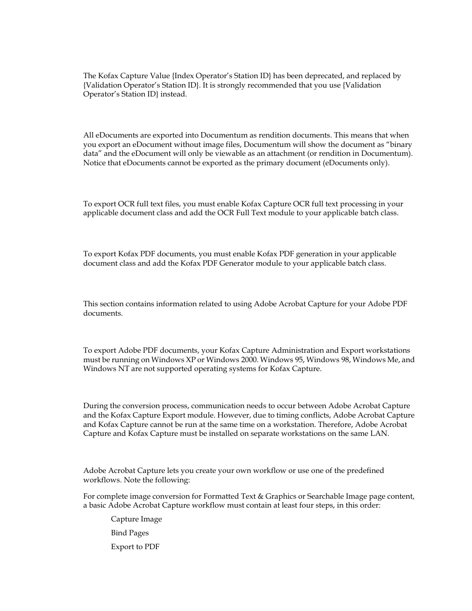 Index operator’s station id} kofax capture value, Releasing edocuments only (without image files), Ocr full text options | Kofax pdf options, Adobe acrobat capture options, Operating system requirements for kofax capture, Workflow steps | Kofax Capture Export Connector User Manual | Page 9 / 18