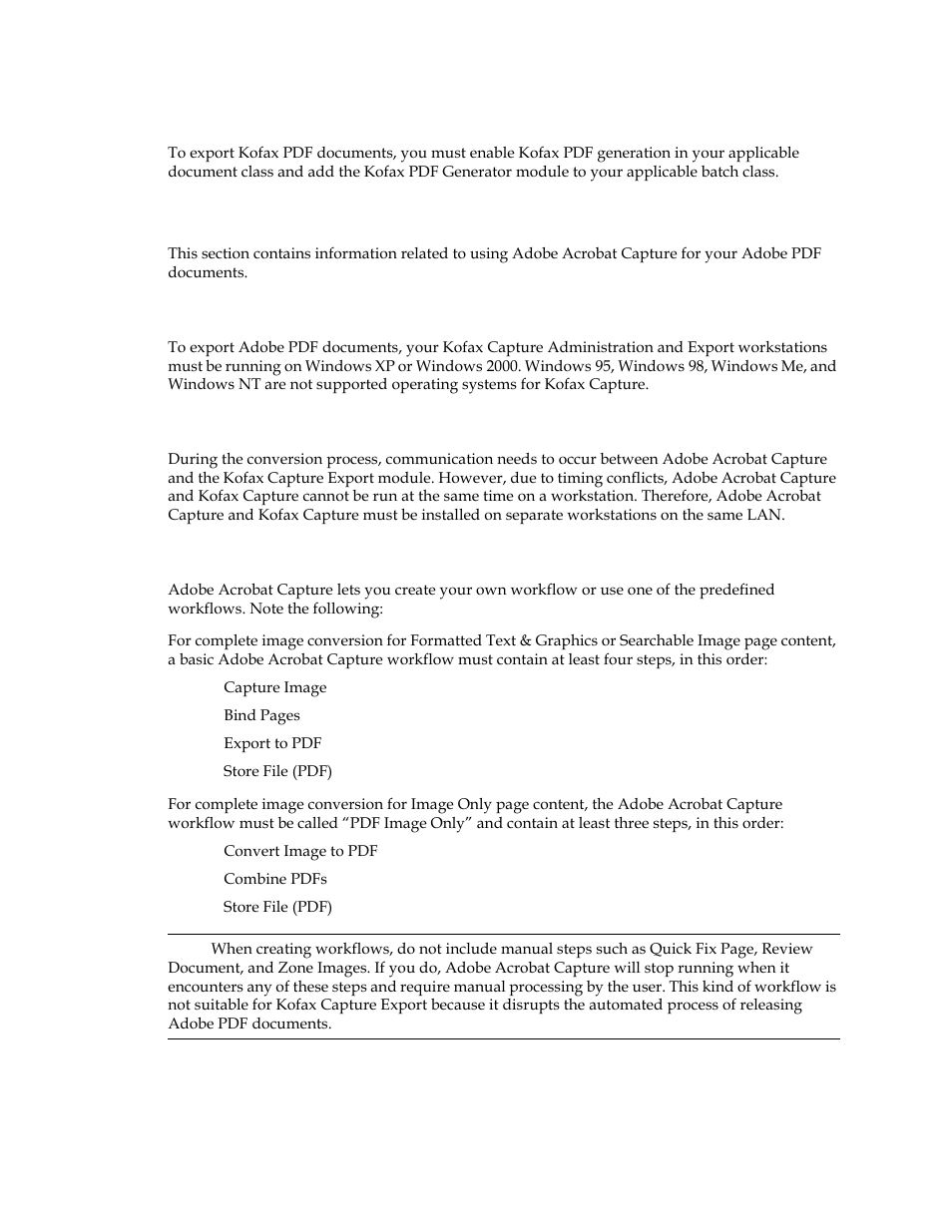 Kofax pdf options, Adobe acrobat capture options, Operating system requirements for kofax capture | Workflow steps, Kofax pdf options adobe acrobat capture options | Kofax Capture Export Connector for Documentum 6.7 User Manual | Page 10 / 18