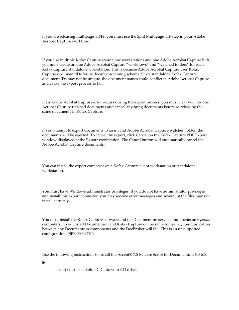 Re-releasing documents in error, Invalid watched folders, Installing the export connector | Separate computers, Installation instructions | Kofax Capture Export Connector for Documentum 6.7 User Manual | Page 11 / 18