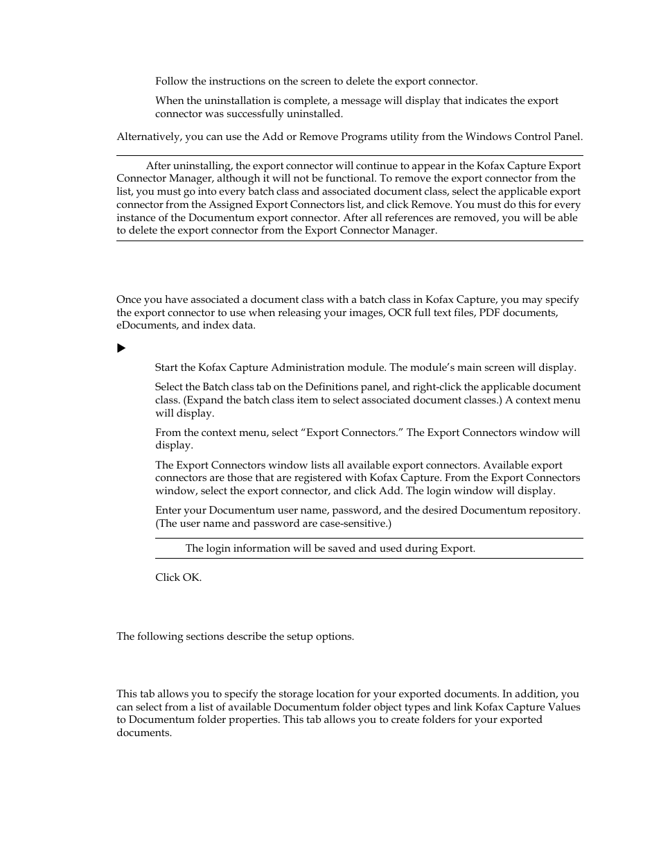 Logging on to the export connector, Setting up the export connector, Storage settings tab | Kofax Capture Export Connector for Documentum 6.7 User Manual | Page 13 / 18