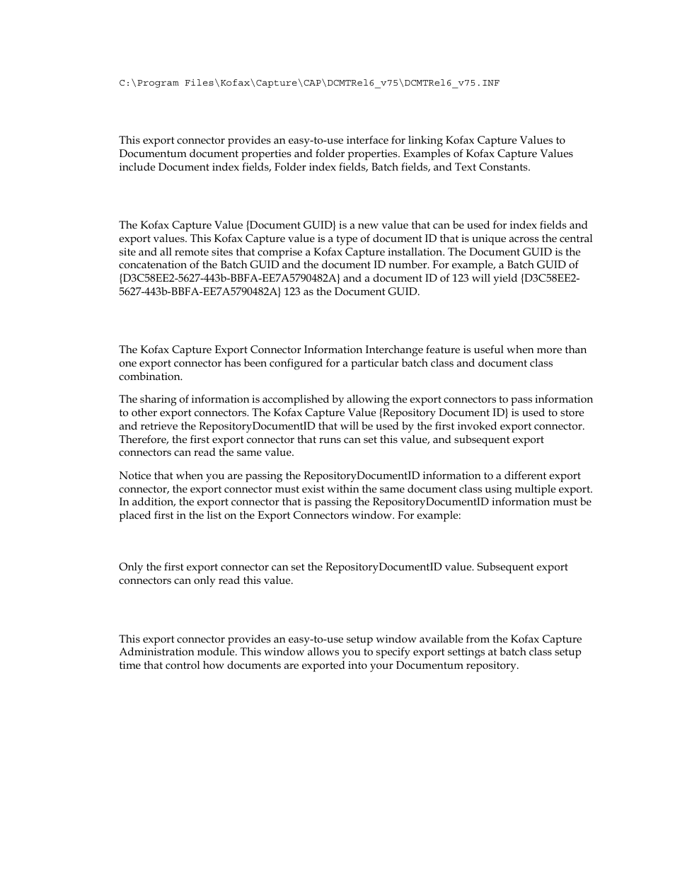 Kofax capture values / documentum properties, Kofax capture value {document guid, Sharing data among export connectors | Integrated export connector | Kofax Capture Export Connector for Documentum 6.7 User Manual | Page 7 / 18