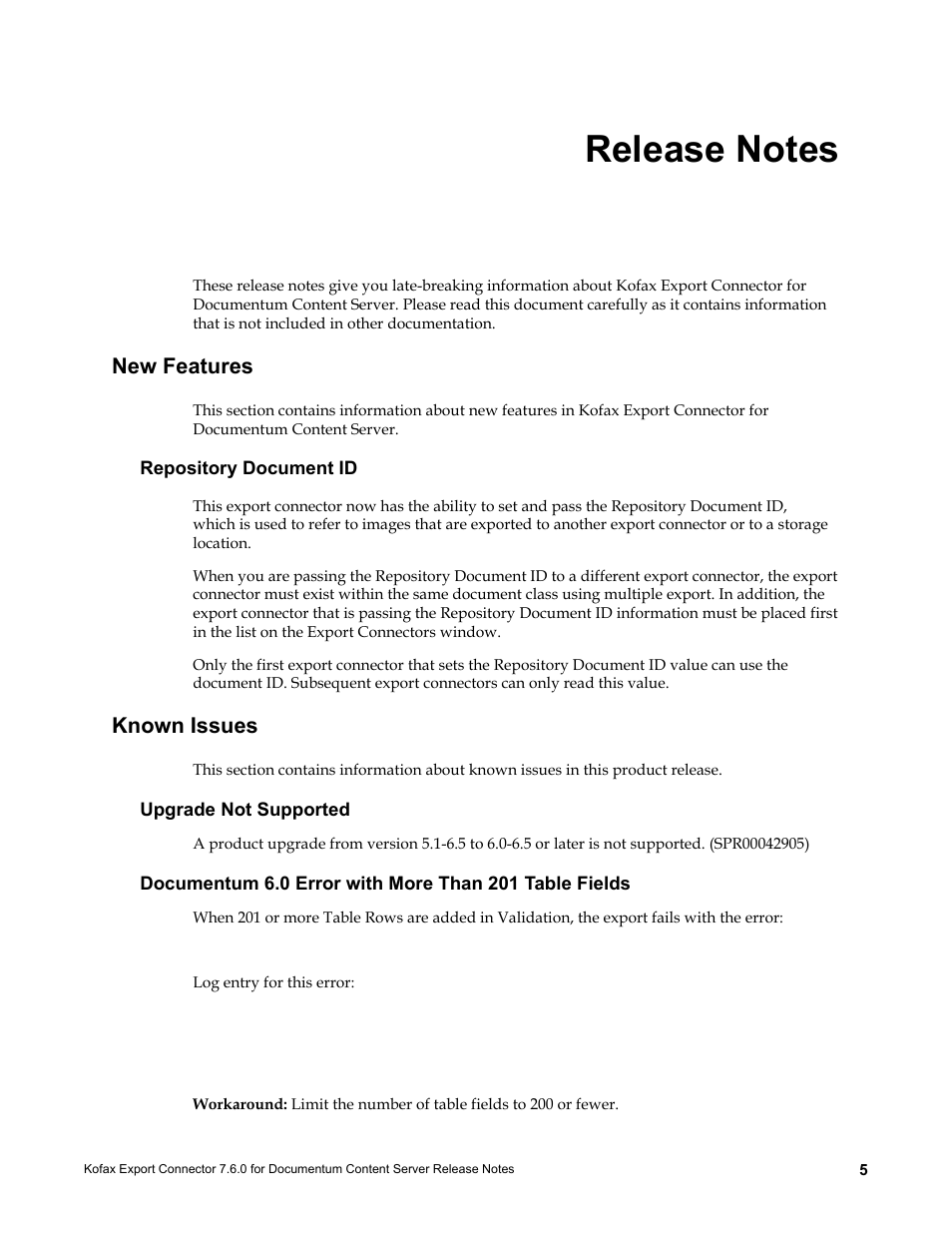 Release notes, New features, Repository document id | Known issues, Upgrade not supported | Kofax Export Connector 7.6.0 User Manual | Page 5 / 8