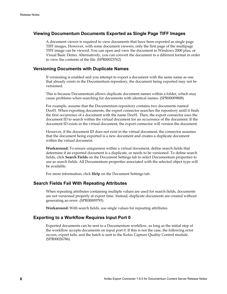 Versioning documents with duplicate names, Search fields fail with repeating attributes, Exporting to a workflow requires input port 0 | Kofax Export Connector 7.6.0 User Manual | Page 6 / 8