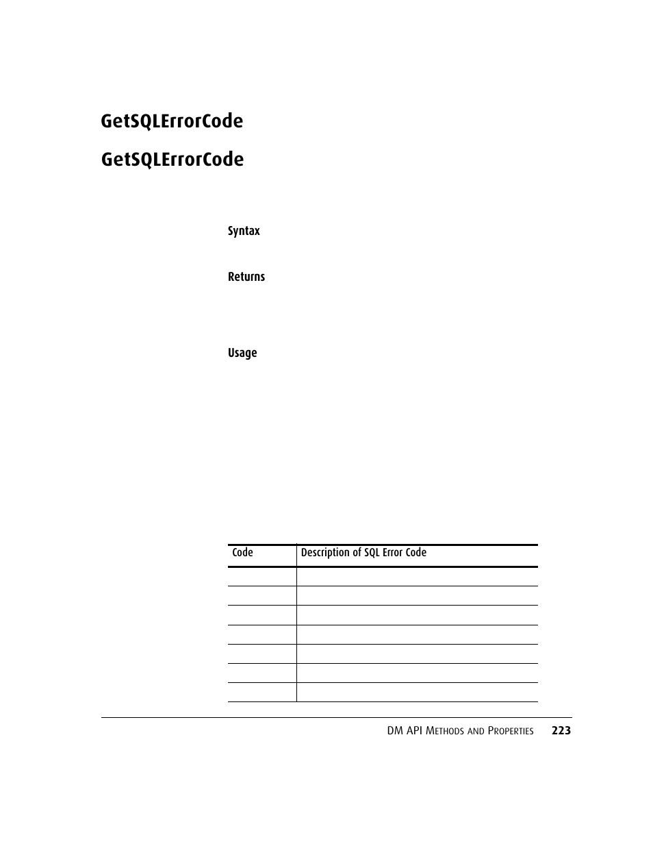 Getsqlerrorcode, Getsqlerrorcode 22 | Kofax DM API User Manual | Page 243 / 528