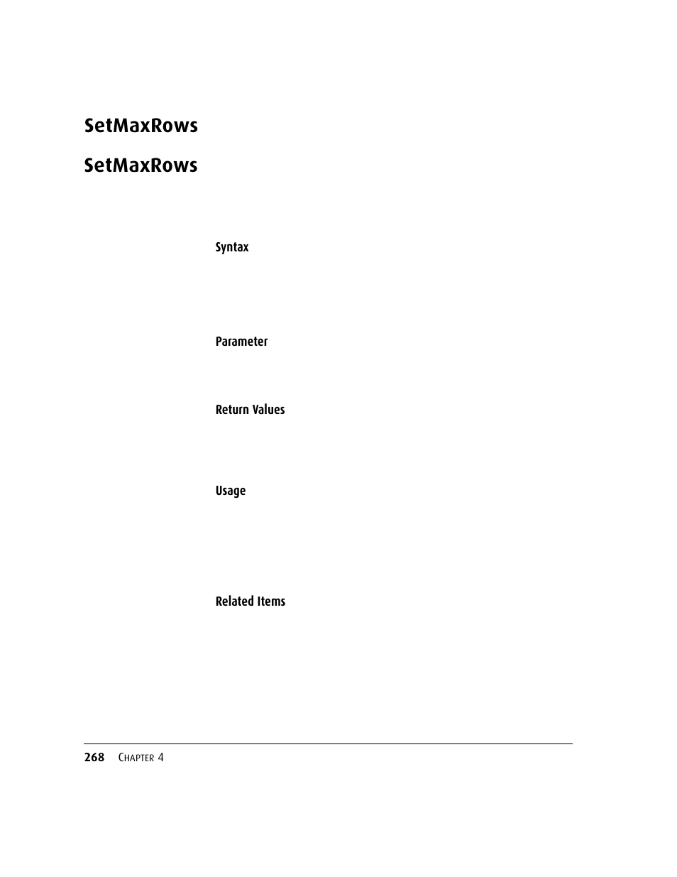 Setmaxrows, Setmaxrows 268 | Kofax DM API User Manual | Page 288 / 528