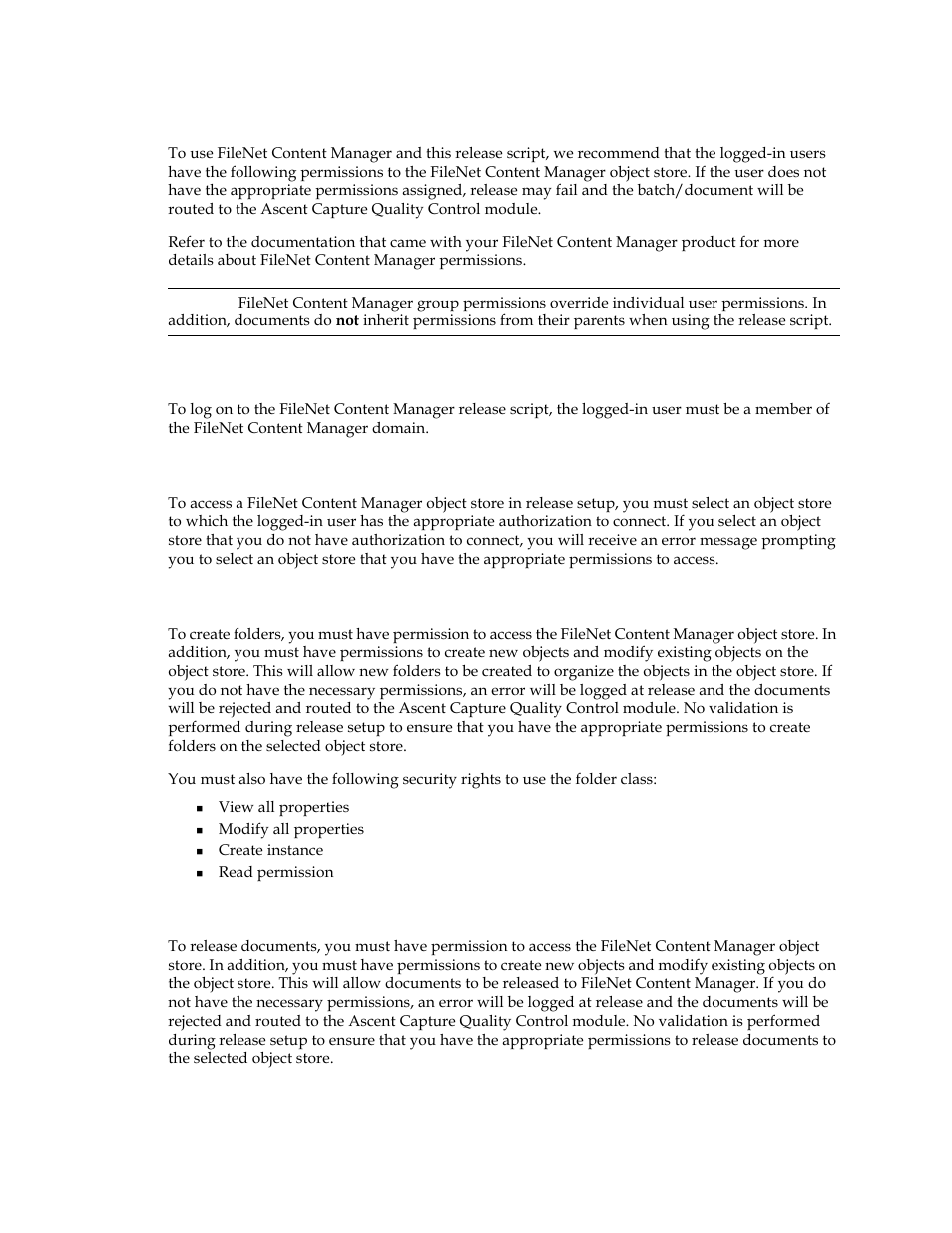 Recommended permissions, Filenet content manager domain, Filenet content manager object store | Create folders, Release documents | Kofax Ascen 7.1 Release Script for FileNet Content Manager 4.0 User Manual | Page 45 / 48