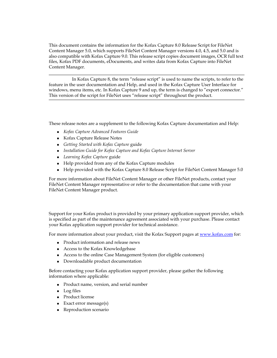 Introduction, Additional documentation, Technical assistance for your kofax product | Kofax Capture 8.0 Release Script for FileNet Content Manager 5.0 User Manual | Page 5 / 30