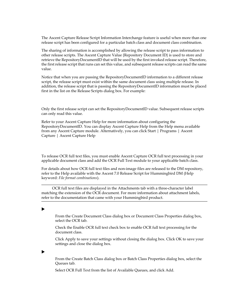 Sharing data among release scripts, Ocr full text options | Kofax Ascen 7.0 Release Script for Hummingbird DM 5.0-5.1 User Manual | Page 19 / 46