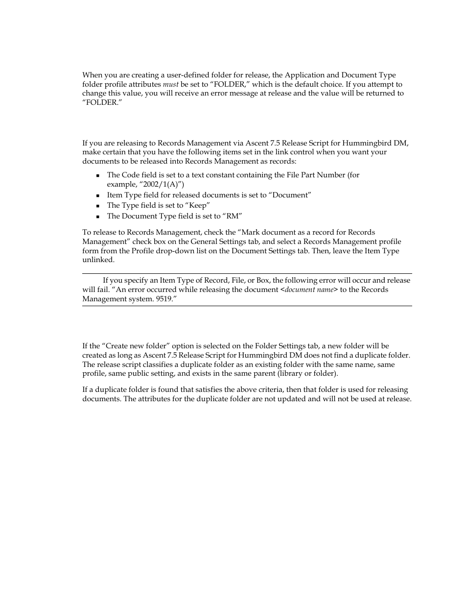 Application and document type fields, Releasing to records management, Search criteria for duplicate folders | Kofax Ascen 7.5 Release Script for Hummingbird DM 6.0 User Manual | Page 16 / 45