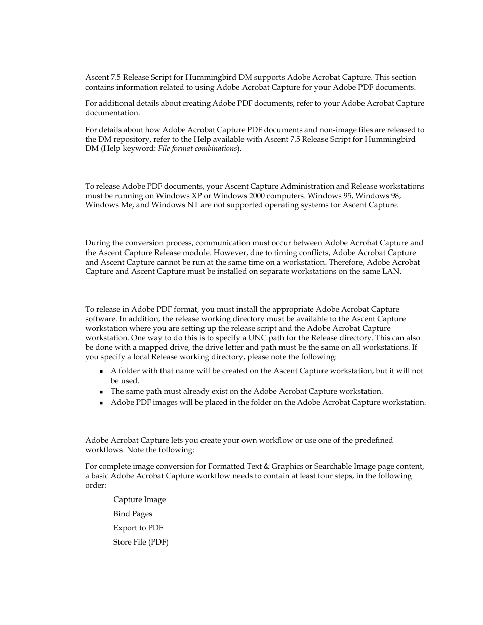 Adobe acrobat capture options, Operating system requirements for ascent capture, Releasing adobe pdf documents | Workflow steps | Kofax Ascen 7.5 Release Script for Hummingbird DM 6.0 User Manual | Page 22 / 45