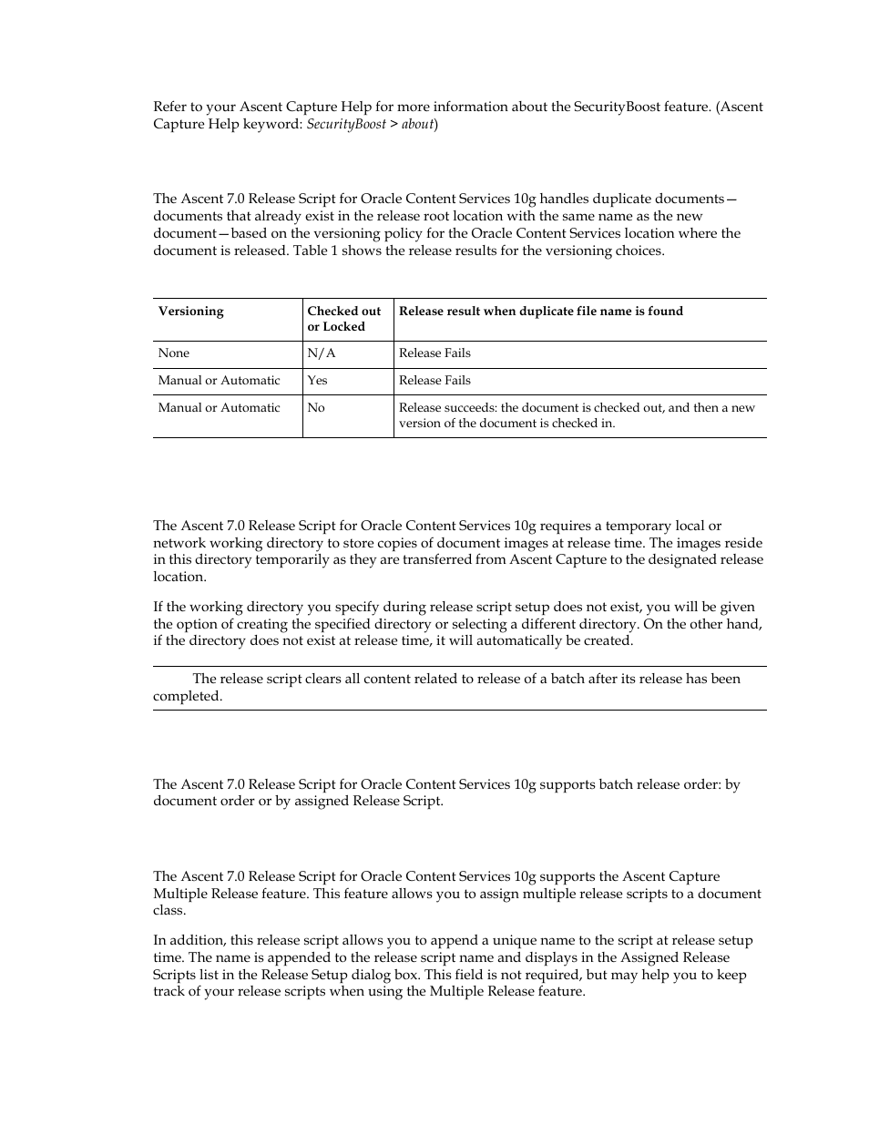 Duplicate documents, Release working directory, Batch release order | Multiple release supported | Kofax Ascen 7.0 Release Script for Oracle Content Services 10g User Manual | Page 10 / 34