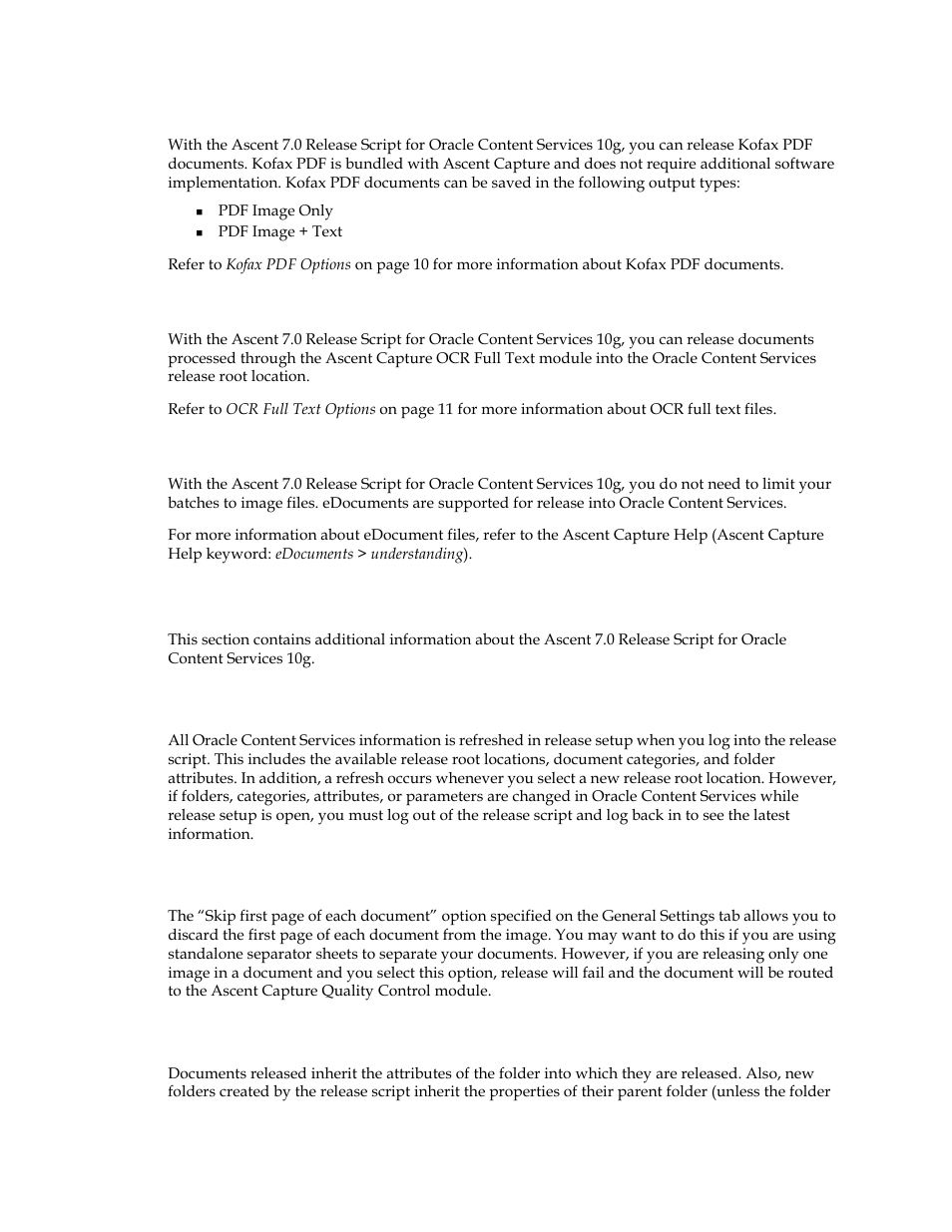 Kofax pdf support, Ocr full text support, Edocument support | Additional information, Document and folder attribute inheritance | Kofax Ascen 7.0 Release Script for Oracle Content Services 10g User Manual | Page 12 / 34