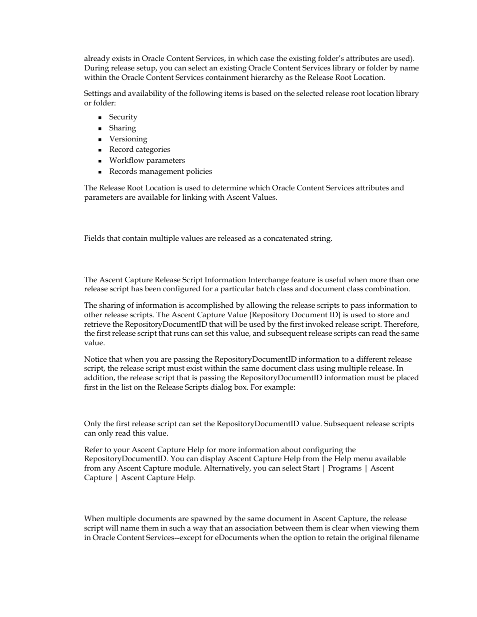 Multi-value fields, Sharing data among release scripts, Multiple document naming | Kofax Ascen 7.0 Release Script for Oracle Content Services 10g User Manual | Page 13 / 34