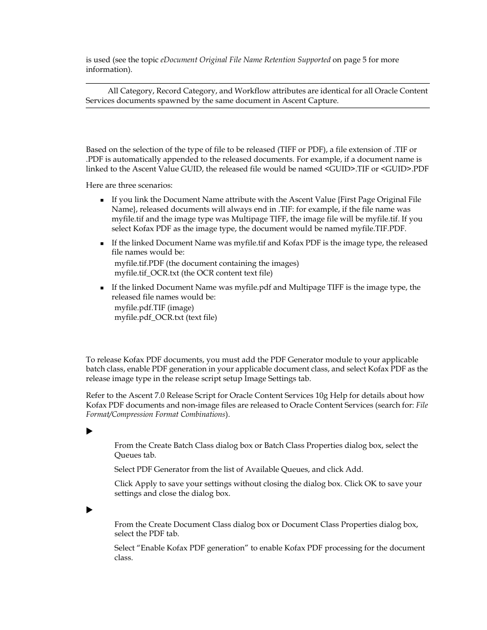 File names and extensions of released documents, Kofax pdf options | Kofax Ascen 7.0 Release Script for Oracle Content Services 10g User Manual | Page 14 / 34