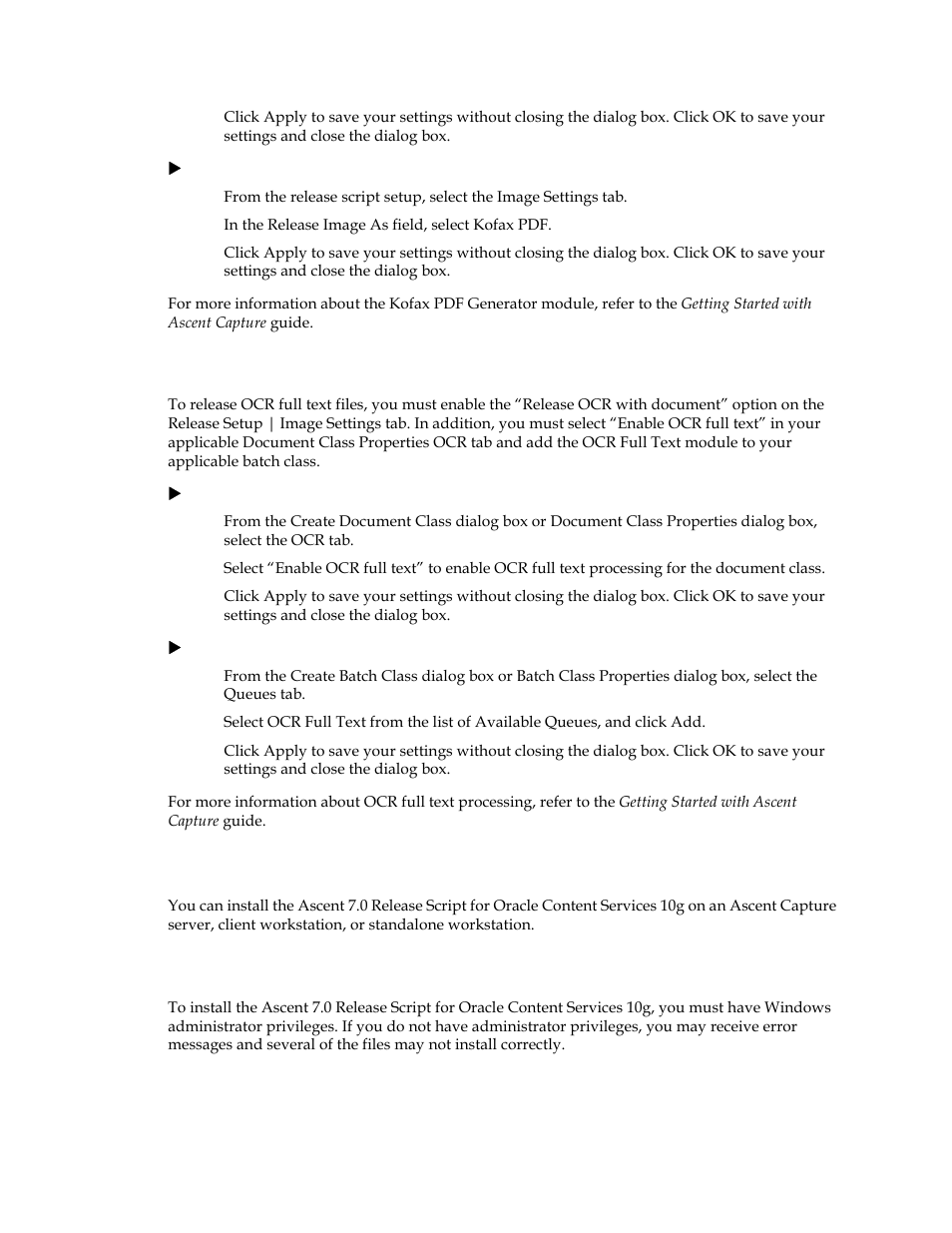 Ocr full text options, Installing the release script, Important note about installation | Kofax Ascen 7.0 Release Script for Oracle Content Services 10g User Manual | Page 15 / 34
