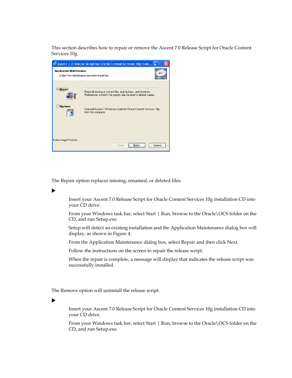 Application maintenance, Repairing the release script, Removing the release script | Kofax Ascen 7.0 Release Script for Oracle Content Services 10g User Manual | Page 19 / 34