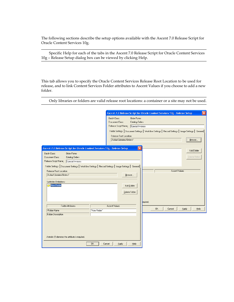Setting up the release script, Folder settings tab | Kofax Ascen 7.0 Release Script for Oracle Content Services 10g User Manual | Page 23 / 34