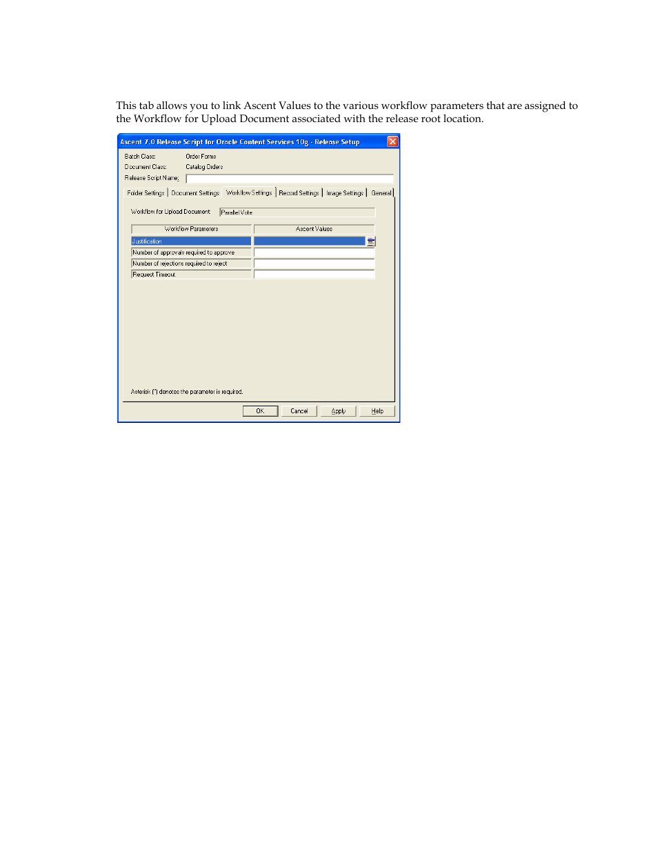 Workflow settings tab | Kofax Ascen 7.0 Release Script for Oracle Content Services 10g User Manual | Page 25 / 34