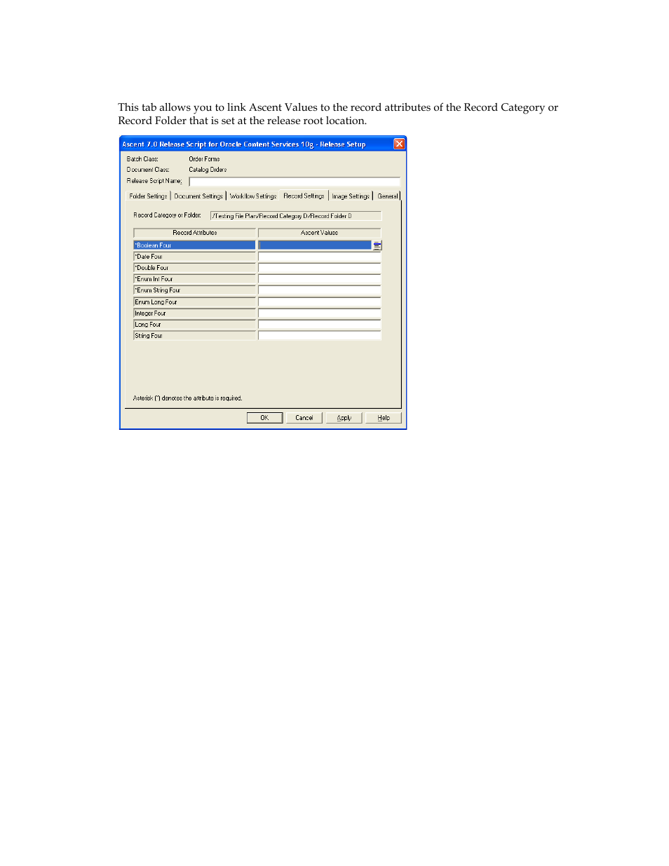 Record settings tab | Kofax Ascen 7.0 Release Script for Oracle Content Services 10g User Manual | Page 26 / 34