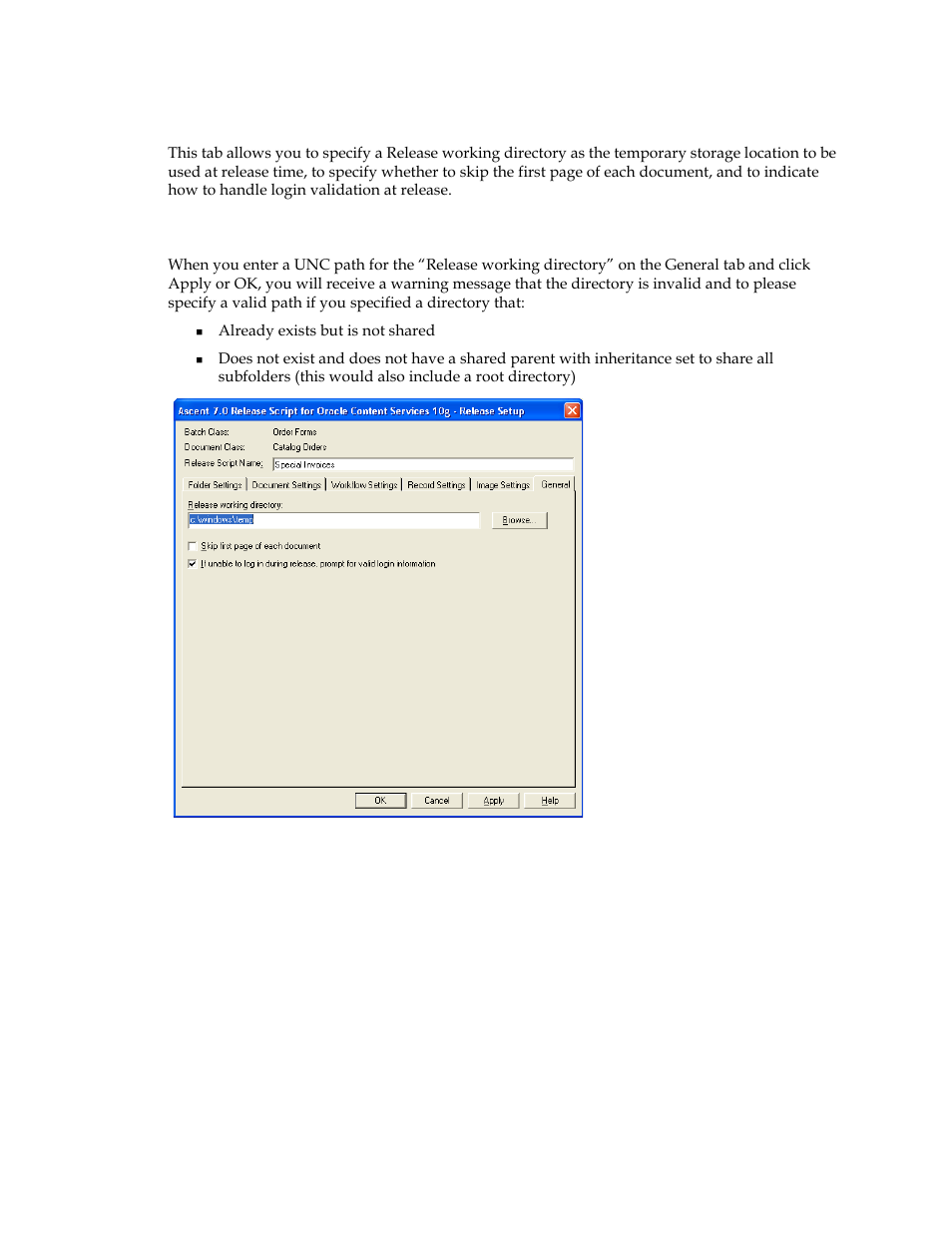 General tab, Setting a working directory using a unc path | Kofax Ascen 7.0 Release Script for Oracle Content Services 10g User Manual | Page 28 / 34
