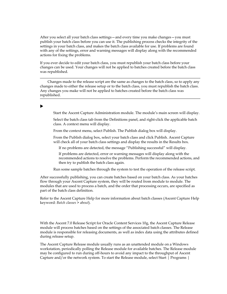 Publishing a batch class, Releasing batches, Publishing a batch class releasing batches | Kofax Ascen 7.0 Release Script for Oracle Content Services 10g User Manual | Page 29 / 34